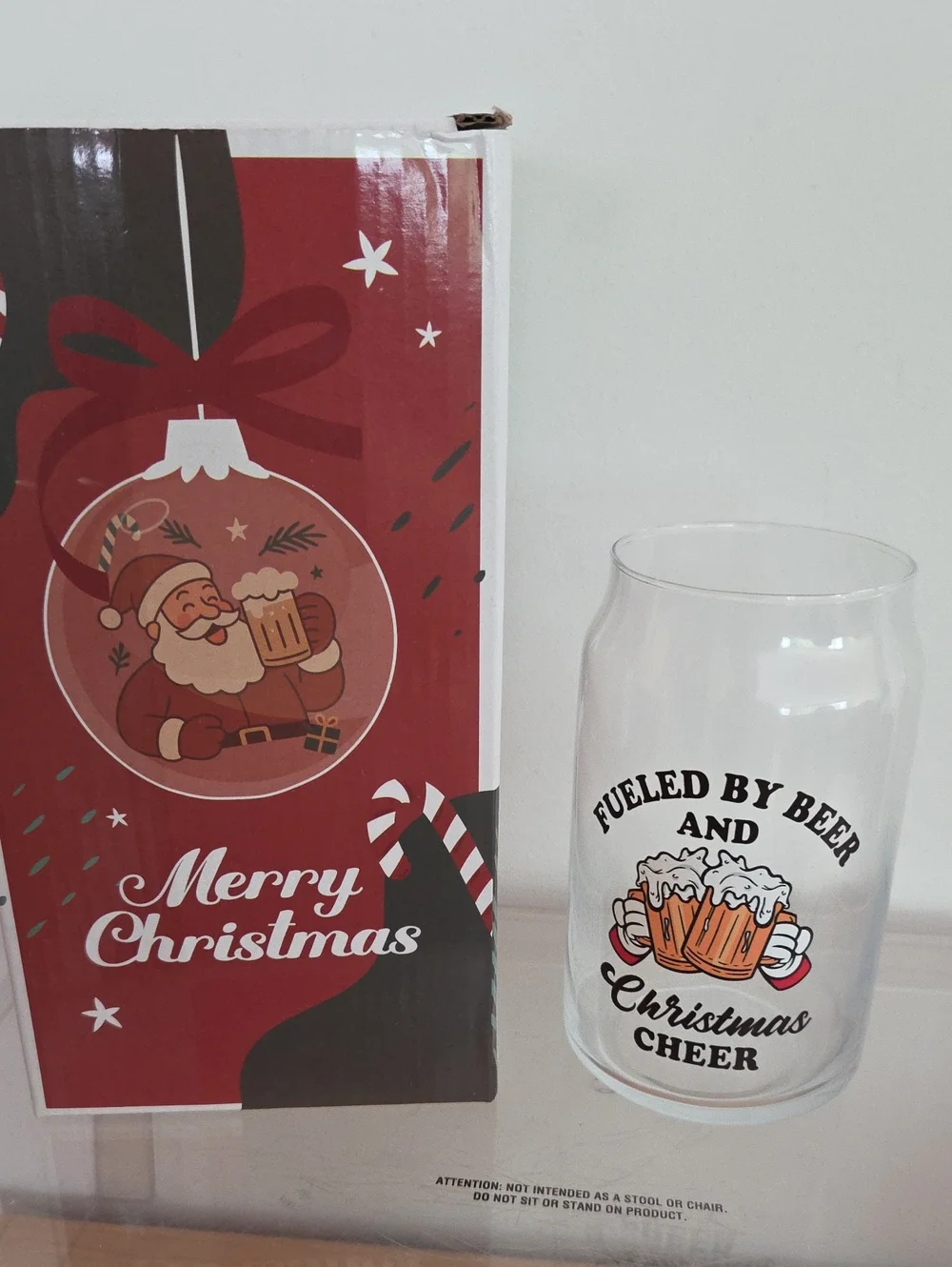 Fueled By Beer and Christmas Cheer Holiday Beer Glass - Clear NIB